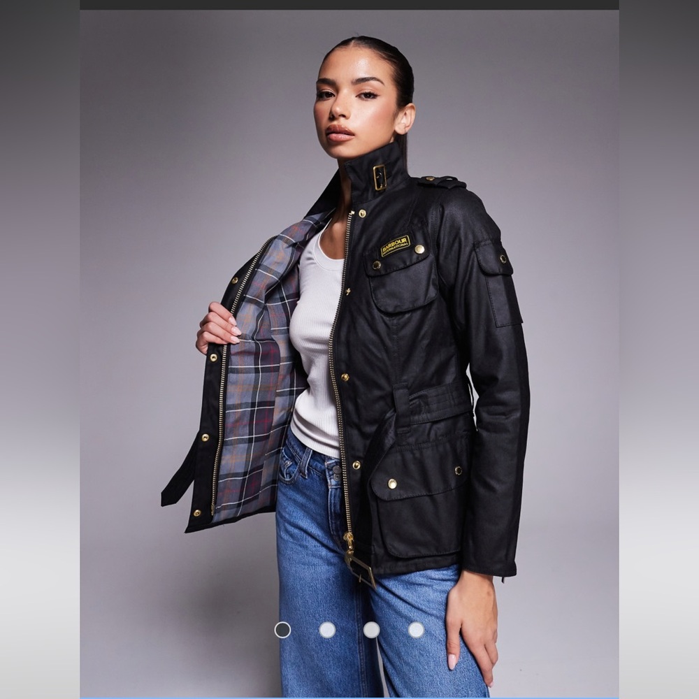 Barbour International size 2 US Black Wax Utility Jacket Belted Classic Tartan